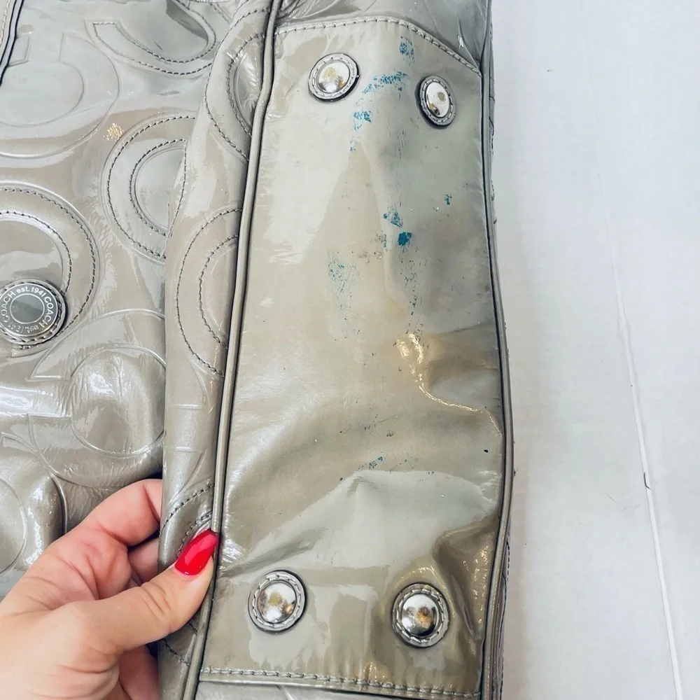 COACH 16977 Rare Gray Signature Patent Leather Tote Travel Diaper Bag
